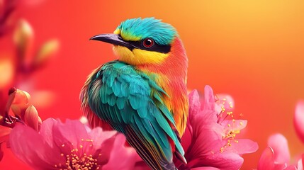 Obraz premium Exotic birds showcasing vivid hues on red background image