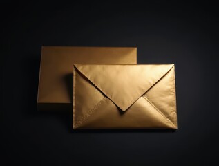 Golden envelope and package resting on a black surface