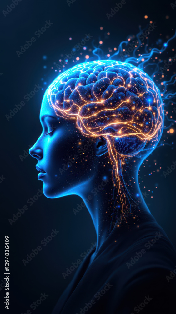 Poster futuristic depiction of artificial general intelligence, showing humanoid form with glowing brain an