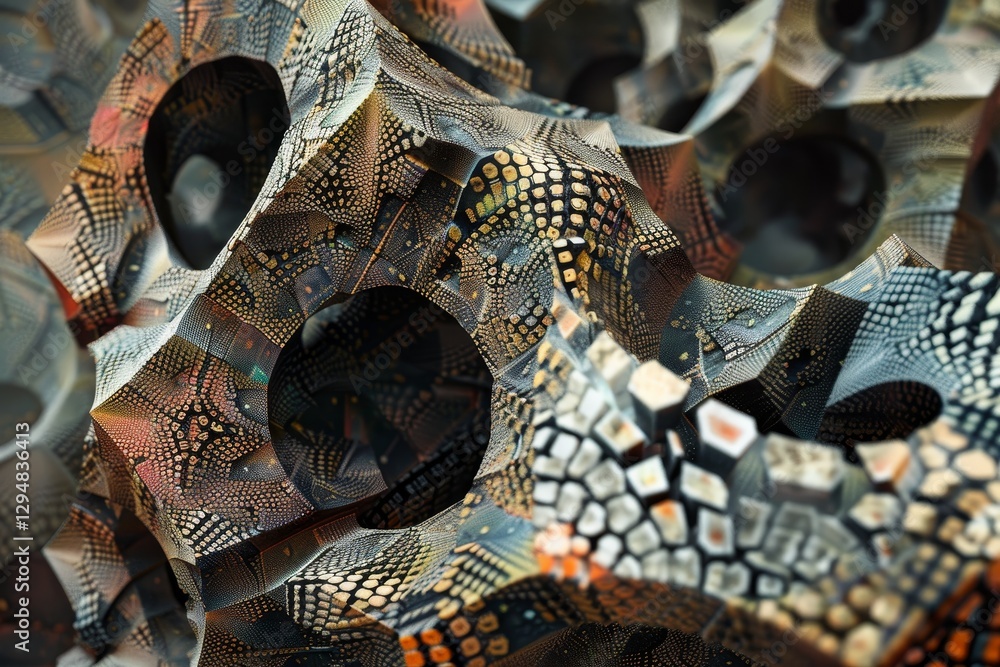 Poster close-up of pixelated patterns morphing into complex geometric d shapes, pixelated patterns morphing