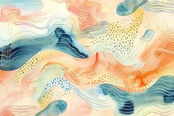 Obraz premium Abstract watercolor pattern with organic shapes and swirling lines in blue, orange, and yellow, A whimsical watercolor pattern with organic shapes and flowing lines