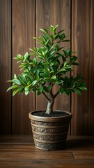 Fresh tree pot on wooden panel background Houseplant for decorations vertical