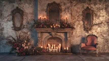 Dark romantic room with fireplace, candles, flowers, and antique mirrors.