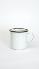 Enamel mug isolated on white background Vintage cup made from tin material (Clipping path) vertical