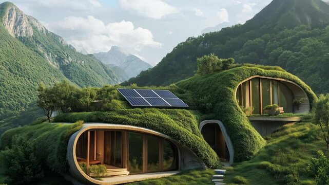 Eco house with solar panels integrated in natural landscape, showcasing sustainable living and functional architecture in a mountainous area
