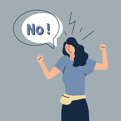 Angry young woman scream yell No protest against discrimination or gender inequality. Mad furious girl shout demonstrate dissatisfaction. Freedom of speech concept. Vector illustration.