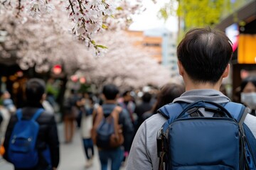 A bustling urban street scene filled with people walking beneath the ethereal beauty of cherry blossoms, showcasing the vibrancy and energy of city life in spring.