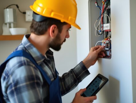 Electrician Installing Smart Home System Connecting Wires and Testing Devices with Tablet