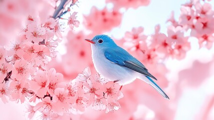Bird on tree branch with beautiful flower in Spring.