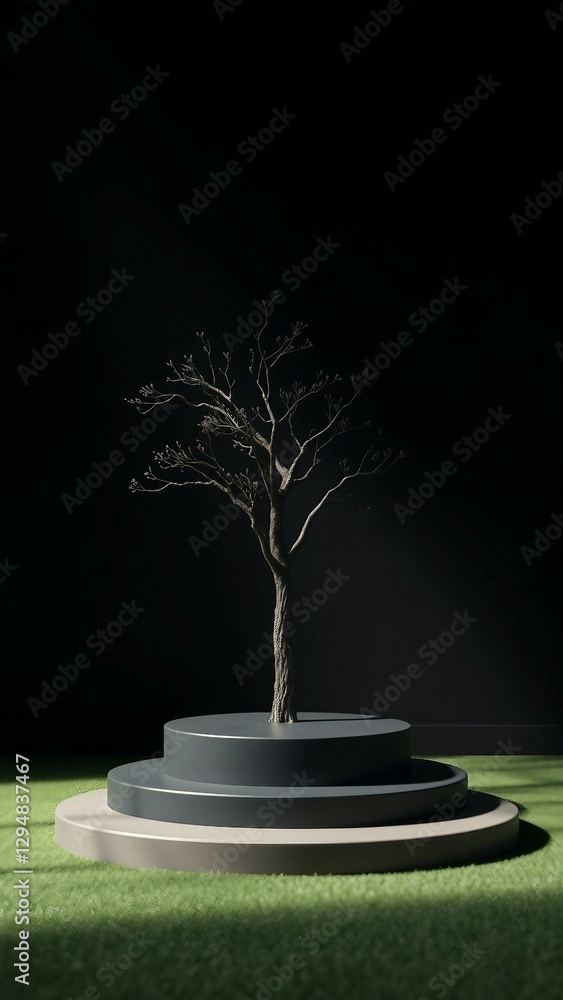 Poster black podium abstract tree backdrop display on nature 3d background with empty presentation product