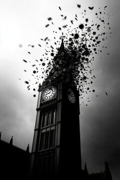 Big ben tower disintegration with exploding clock elements in black and white