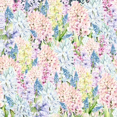 A seamless pattern of spring flowers. Hyacinths in shades of pink, blue and lilac are hand painted in watercolor on a blue background. The botanical illustration is suitable for card, packaging and