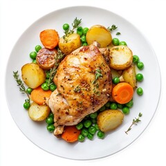 Roasted Chicken Leg with Potatoes Peas and Carrots Delicious Herb Roasted Chicken Dinner Plate Healthy Food Photography Gourmet Meal Image Restaurant Menu Food Styling eat side dish tasty yummy lunch 