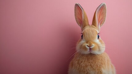 Fototapeta premium Photo of a little bunny, on a soft pink background Easter theme