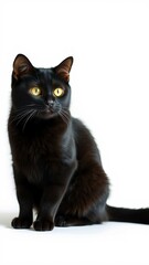 Beautiful black cat and yellow pattern sitting isolated on white background vertical