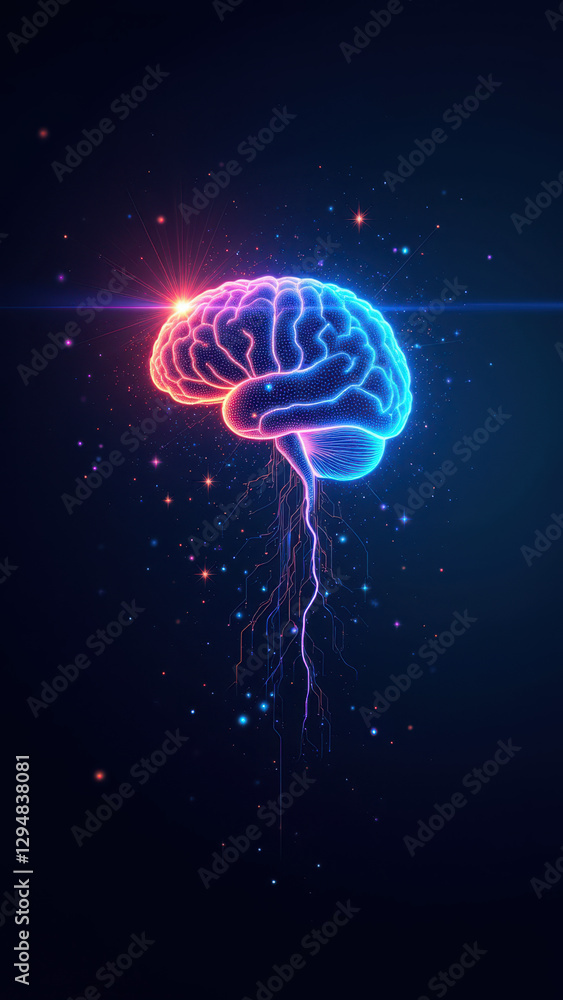 Poster artificial general intelligence represented by a colorful brain against a galaxy background with cos