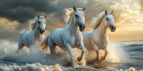 Obraz premium Horses running in ocean waves. Three white horses run joyfully through ocean waves as the sun sets, creating a breathtaking view of nature's beauty.