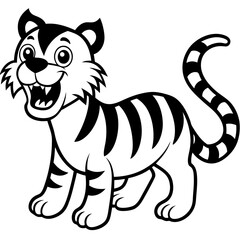 Cute Cartoon Fierce Tiger Roaring  Jungle Line Art for Coloring, Cute and cartoonish fierce tiger roaring with large expressive eyes, perfect jungle themed line art for coloring.