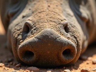 Obraz premium Warthog resting its snout on the ground in the african savanna