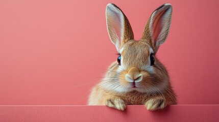 Fototapeta premium Photo of a little bunny, on a soft pink background Easter theme
