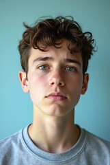 Fototapeta premium Sad teenage boy with curly hair and green eyes posing on a light blue background