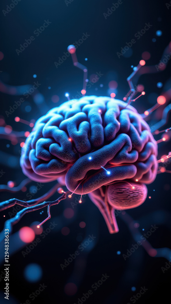 Poster a futuristic 3d rendering of a human brain with artificial intelligence connections.