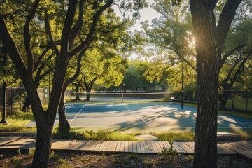 A peaceful pickleball court bathed in the morning sun, surrounded by tall trees casting dappled shadows, A serene outdoor pickleball court surrounded by trees and greenery