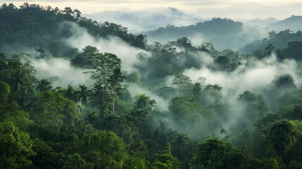 Misty Tropical Forest Mountain Landscape at Dawn