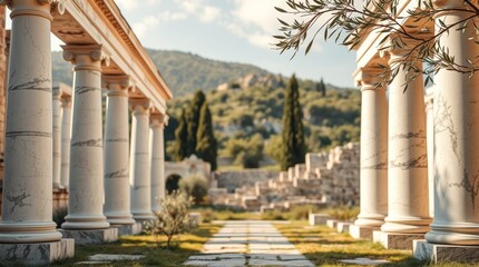 Ancient Greek architecture with marble columns and scenic backdrop