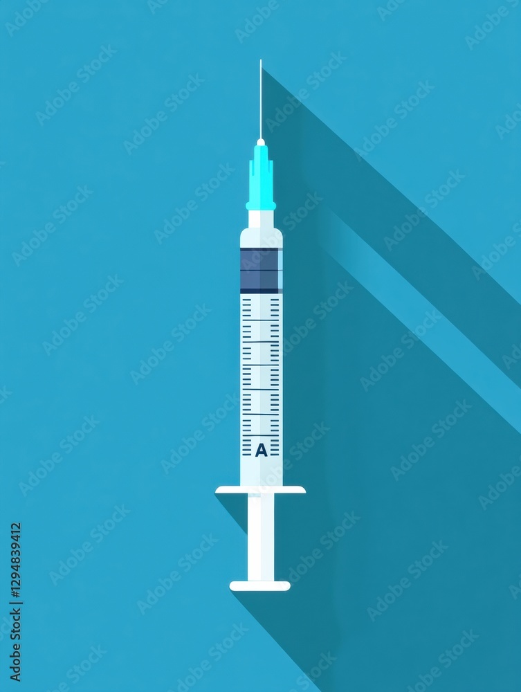 Poster syringe with blue background and long shadow indicating the importance of medical tools in healthcar