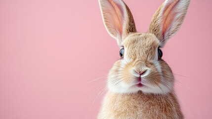 Fototapeta premium Photo of a little bunny, on a soft pink background Easter theme