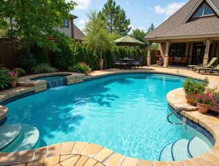 Inviting home swimming pool with jacuzzi and waterfall during sunny day