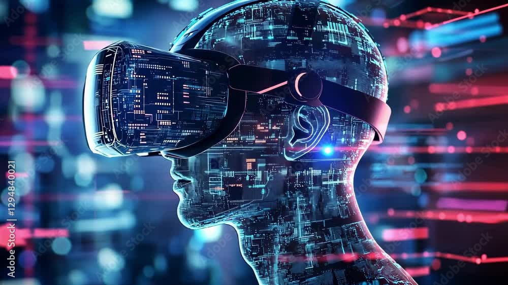 Poster a human figure immersed in virtual reality, showcasing digital elements and a futuristic environment
