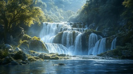 Serene Waterfall in Lush Green Forest