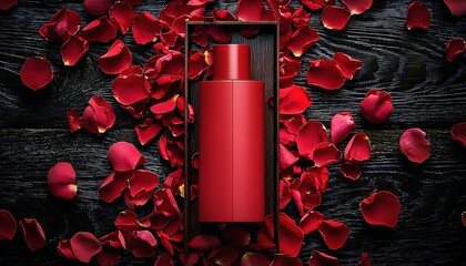 Elegant red perfume bottles surrounded by rose petals, perfect for luxury fragrance promotions, romantic gifts, and beauty product presentations