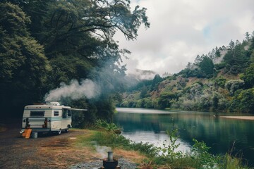Fototapeta premium A vintage camper sits by a serene river, smoke rising from a nearby campfire, A vintage camper parked by a tranquil river, with smoke rising from the camp stove