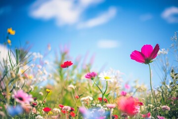 Fototapeta premium A vibrant field of wildflowers in full bloom, showcasing a variety of colors and textures, under a clear blue sky, A field of wildflowers in full bloom under a clear, sunny sky