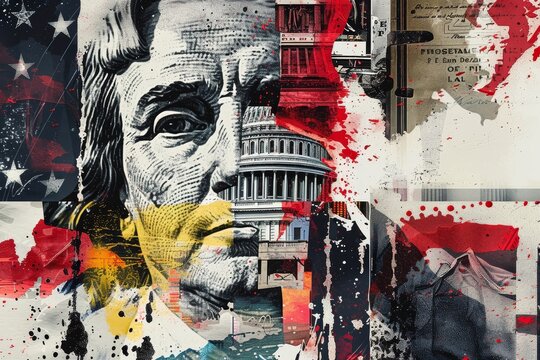 Digital collage with American flag, political figure portrait, and Capitol-like building symbolize US culture and politics, Design a digital collage featuring iconic symbols of the presidency