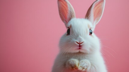 Obraz premium Photo of a little bunny, on a soft pink background Easter theme