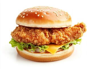 Delicious Crispy Chicken Burger Sesame Bun Fast Food Meal Tasty Appetizing Golden Brown Crunchy Fried Chicken Patty Juicy Cheese Fresh Lettuce  Restaurant Menu Item Quick Lunch Dinner eat high diet   