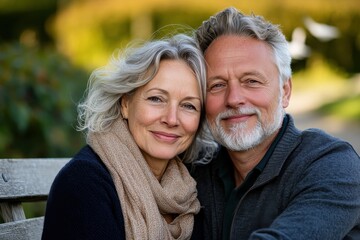Fototapeta premium A warm and charming image of a couple cuddling together on a bench surrounded by nature, exuding joy and affection in their expressions, highlighting their strong bond.