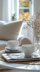 A detailed shot of a stylish coffee table arrangement, with magazines and decorative items, Home decor, Photography, Soft and elegant