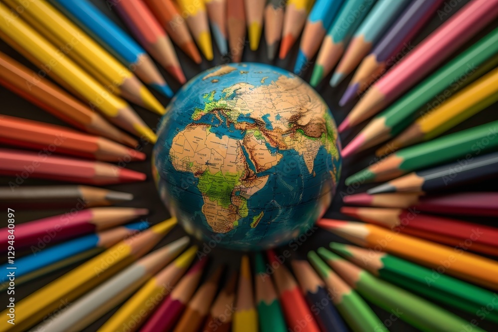 Poster a close-up shot of a small globe surrounded by a colorful array of pencils, symbolizing the importan