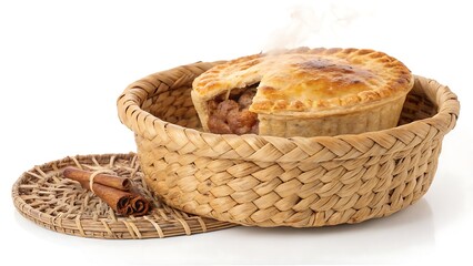 Straw Basket with Meat Pie – Rustic and Savory on a White Background
