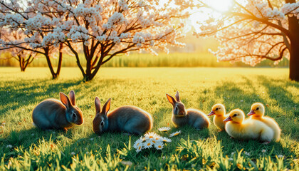 A bunny and two fluffy ducklings in a sunlit meadow, surrounded by white cherry blossoms, representing Easter.