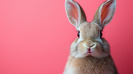 Obraz premium Photo of a little bunny, on a soft pink background Easter theme