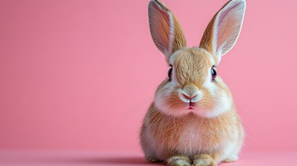 Obraz premium Photo of a little bunny, on a soft pink background Easter theme