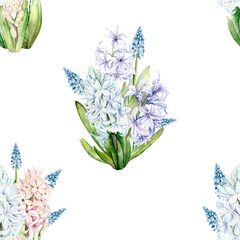 A seamless pattern of spring flowers. Hyacinths in shades of pink, blue and lilac are hand painted in watercolor on a white background. The botanical illustration is suitable for card, packaging and