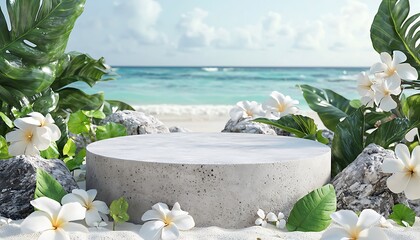 Empty mock-up pedestal with natural stone and concrete podium as background for showcasing cosmetic products on a tropical beach with flowers and green leaves