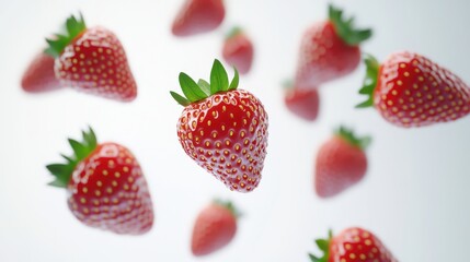 Strawberries float against a white background, showcasing their vibrant red color and green leave
